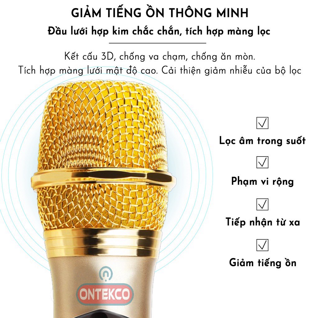 Bộ 02 Micro không dây karaoke ONTEK E6s gold bản cao cấp Chuyên Dành Cho Mọi Loa Kéo, Âm Ly, Tần Số 50, Hát Nhẹ Êm