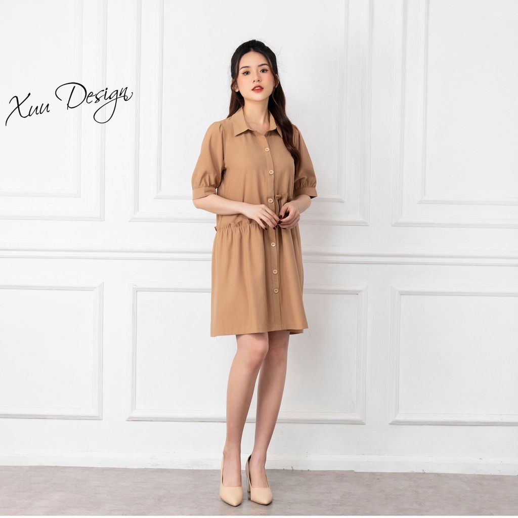 Váy suông phối bèo babydoll XUU cổ sơ mi, chất liệu tơ Xuu Design V02