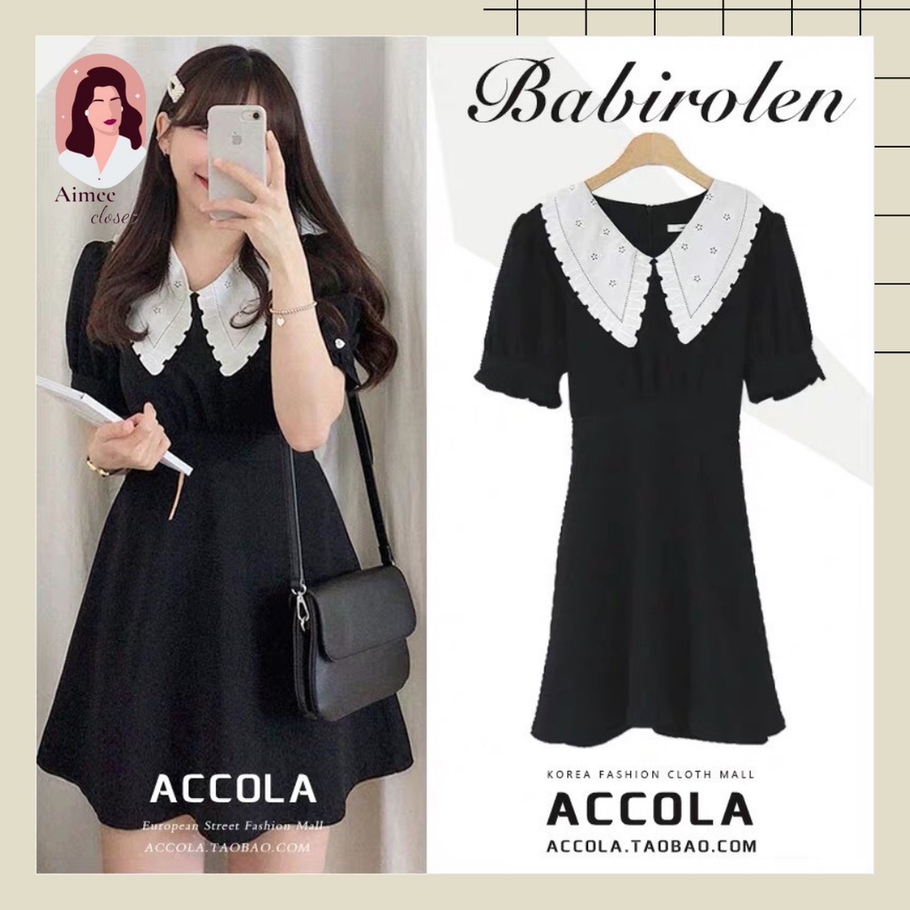 Váy tiểu thư màu đen cổ màu trắng có dây buộc gọn eo Aimee closet (Có ảnh thật)