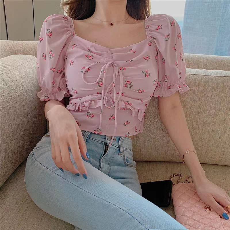 【Timi】Áo crop top  Mới Phong Cách Hàn Quốc Clavicle Tether Puff Tay