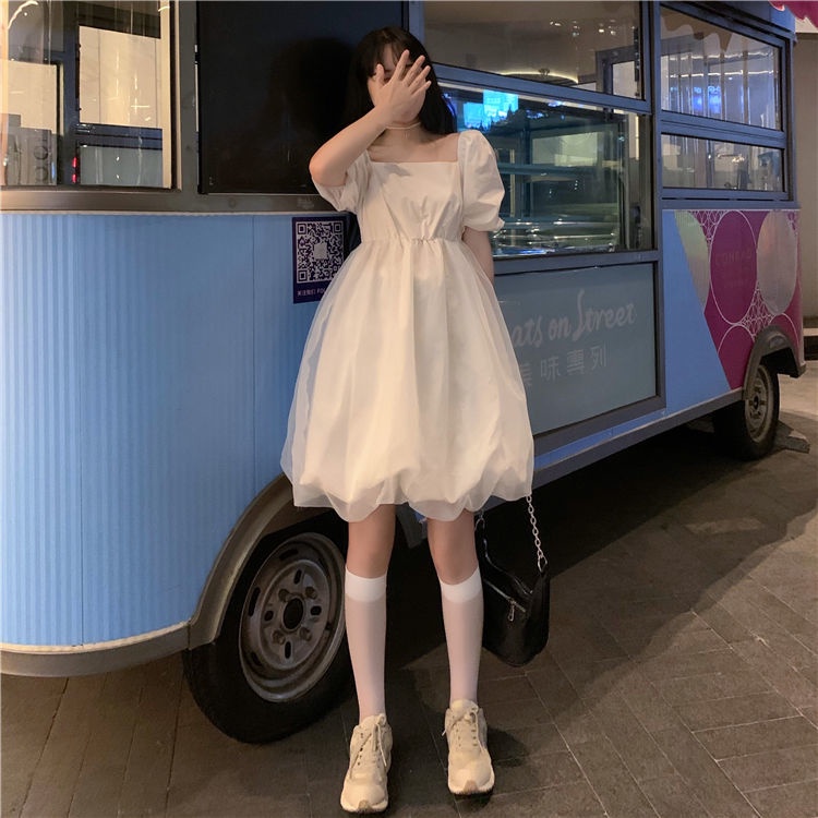 COZOK Đầm Tay Phồng Ngắn Cổ Vuông Phối Lưới Thời Trang Hàn Quốc Xinh Xắn Cho Nữ