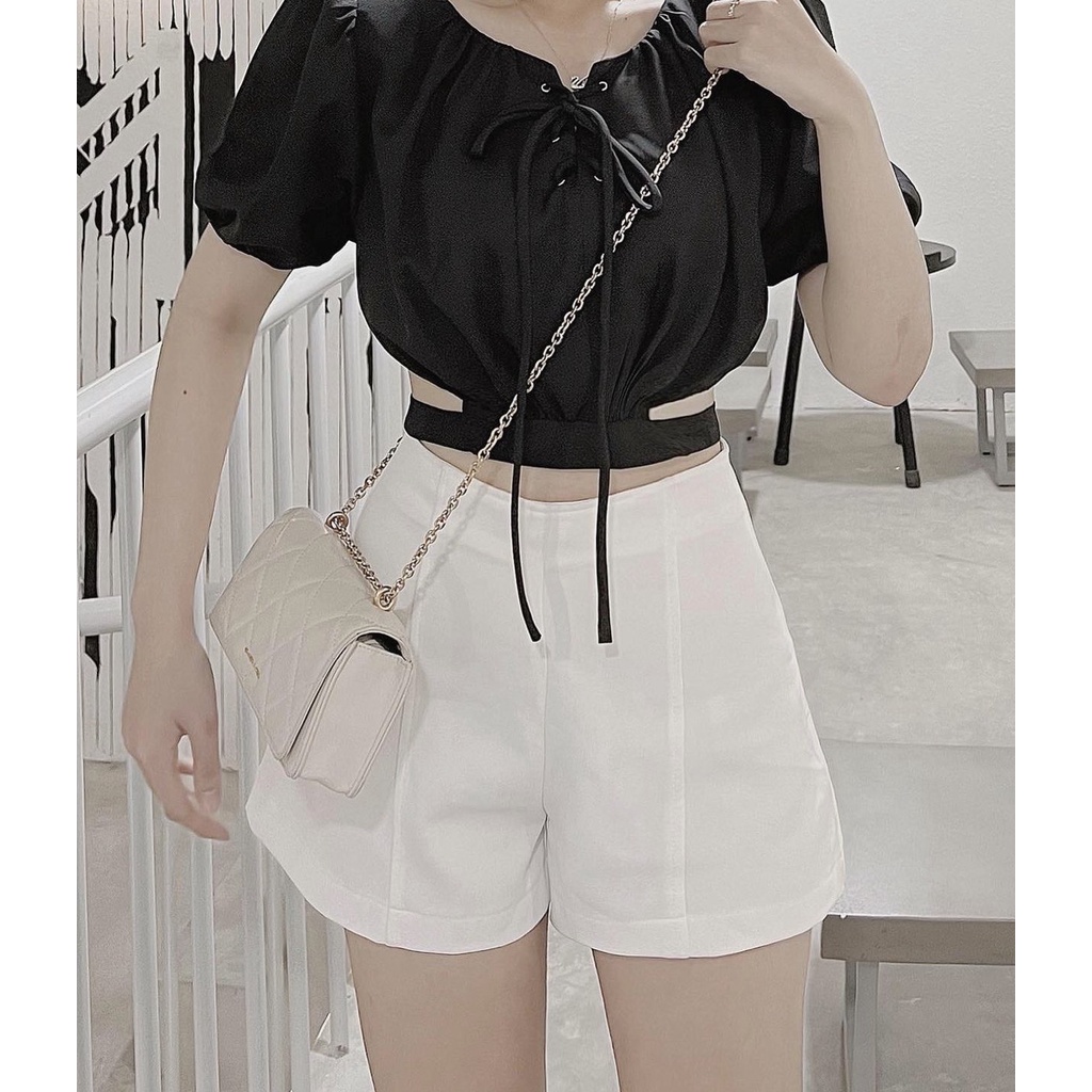 Quần short nữ đen trắng suông fit cạp cao khóa lưng đen mã525