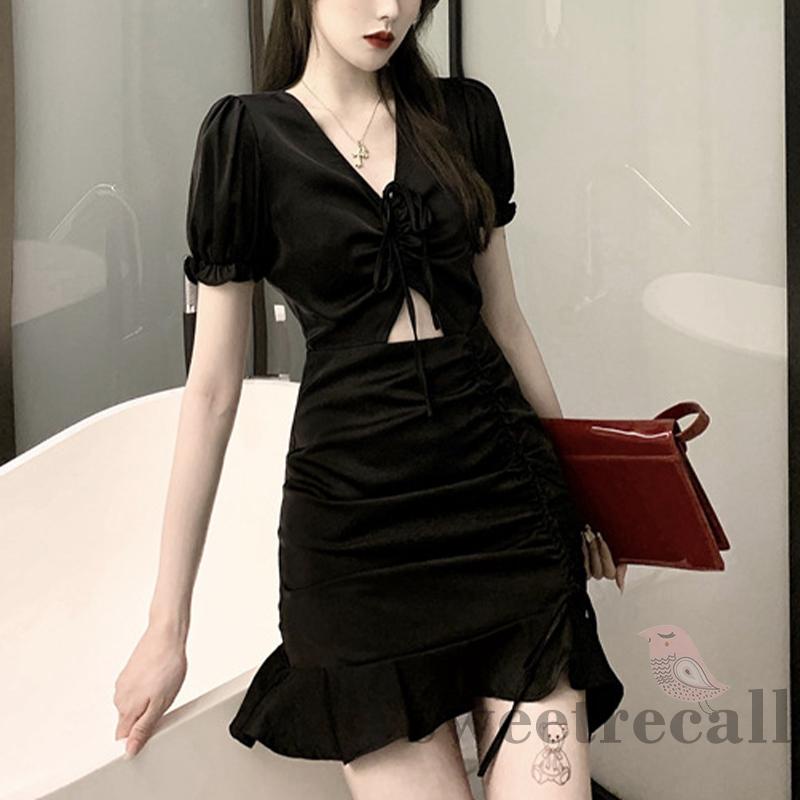 Đầm Ôm Dáng Cổ Chữ V Màu Trơn Thời Trang Mùa Hè Cho Nữ