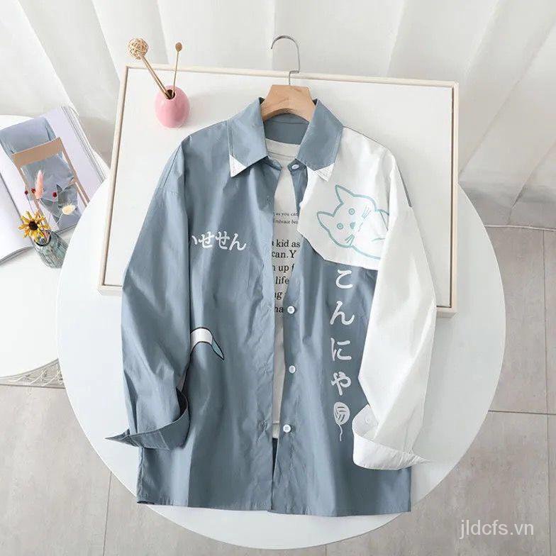 Áo sơ mi dài tay dáng rộng in hình mèo phong cách Nhật Bản/ Hàn Quốc thời trang cho nữ sinh