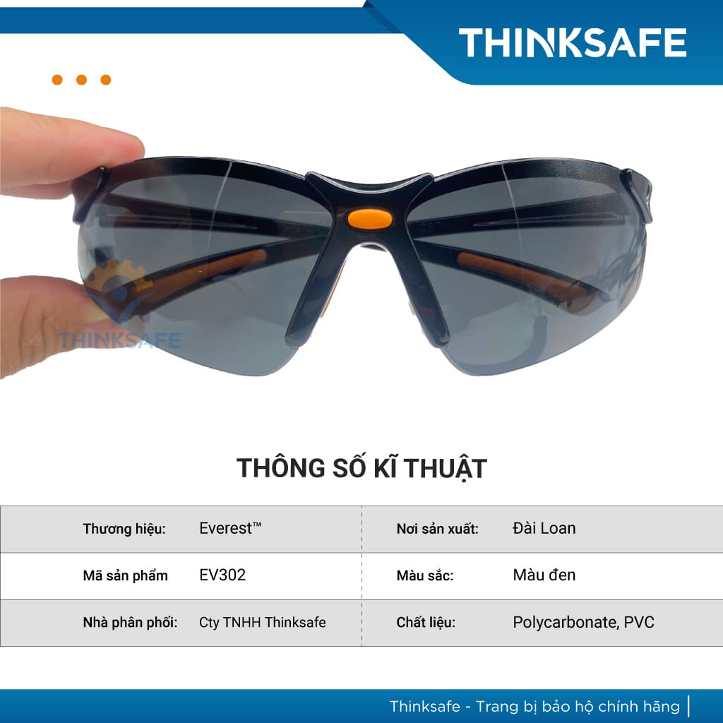 Kính bảo hộ EV302 màu đen chống chói, chống bụi, chống tia UV, chống mờ sương dùng đi đường Kính chống bụi - THINKSAFE