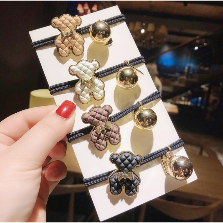 Dây Cột Tóc Cao Su Co Giãn Phối Hình Gấu Nhỏ Bằng Hợp Kim Cổ Điển Chất Lượng Cao