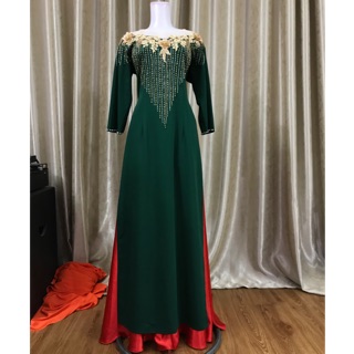Áo dài xanh💥FREESHIP💥 Áo dài cổ phối cổ trong đính hoa ren sang