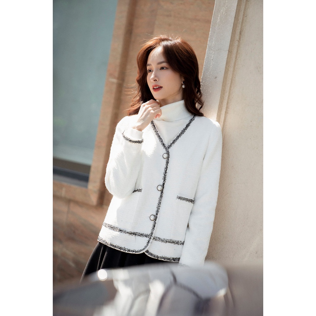 Áo khoác dạ tweed cổ tim 2 túi phối dây đen trắng TIINSTORE ADK244
