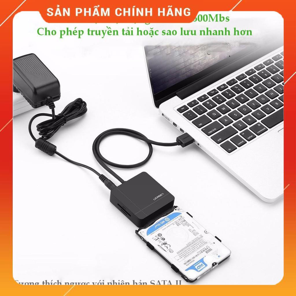 Dây cáp USB 3.0 sang SATA III + Hub 2 cổng USB 2.0 + Đầu đọc thẻ kèm nguồn 12V UGREEN US231 30918 dailyphukien