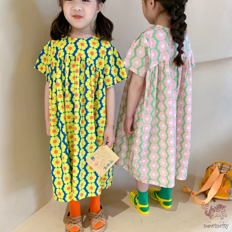 Đầm Tay Ngắn In Hoa Cho Bé Gái