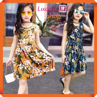 [BÉ GÁI 10-48KG] Váy Đầm Lanh Hoa Mùa Hè Xinh Xắn Cho Bé Gái Từ 10-48kg - Hàng Nhập Quảng Châu - Lucky Girl shop