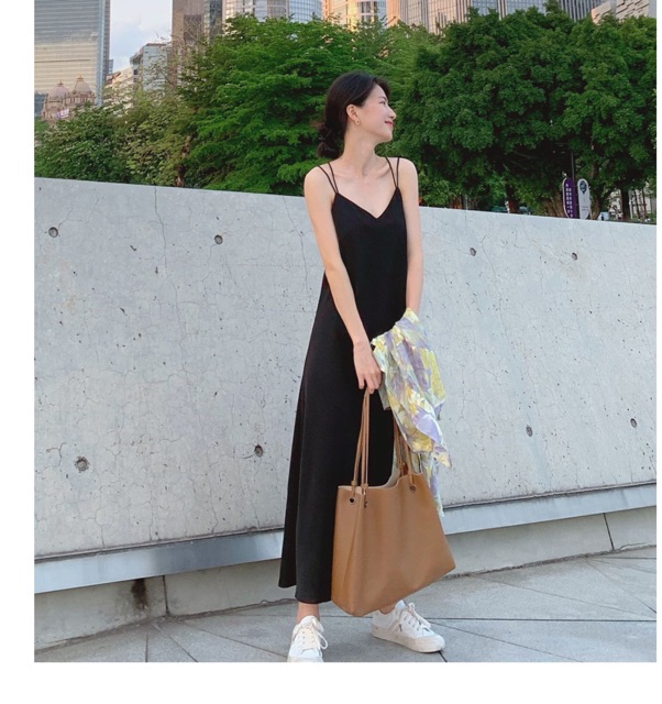 Đầm suông maxi ulzzang tơ lụa thiết kế retro hiện đại _ Váy 2 dây suông màu đen tơ lụa dáng dài  LIOLA có Bigsize | BigBuy360 - bigbuy360.vn
