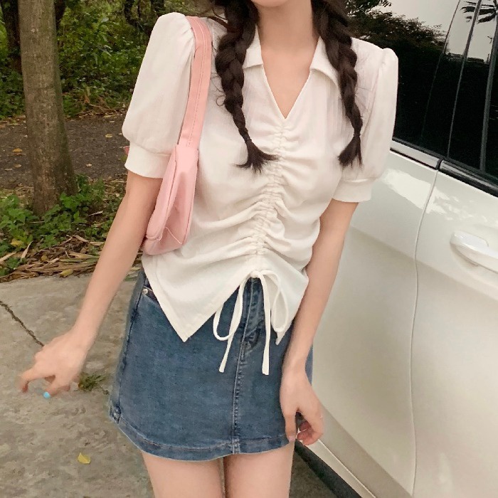Áo polo Ngắn Tay Cổ Chữ V Dáng Ôm Phối Dây Rút Thời Trang Mùa Hè Cho Nữ