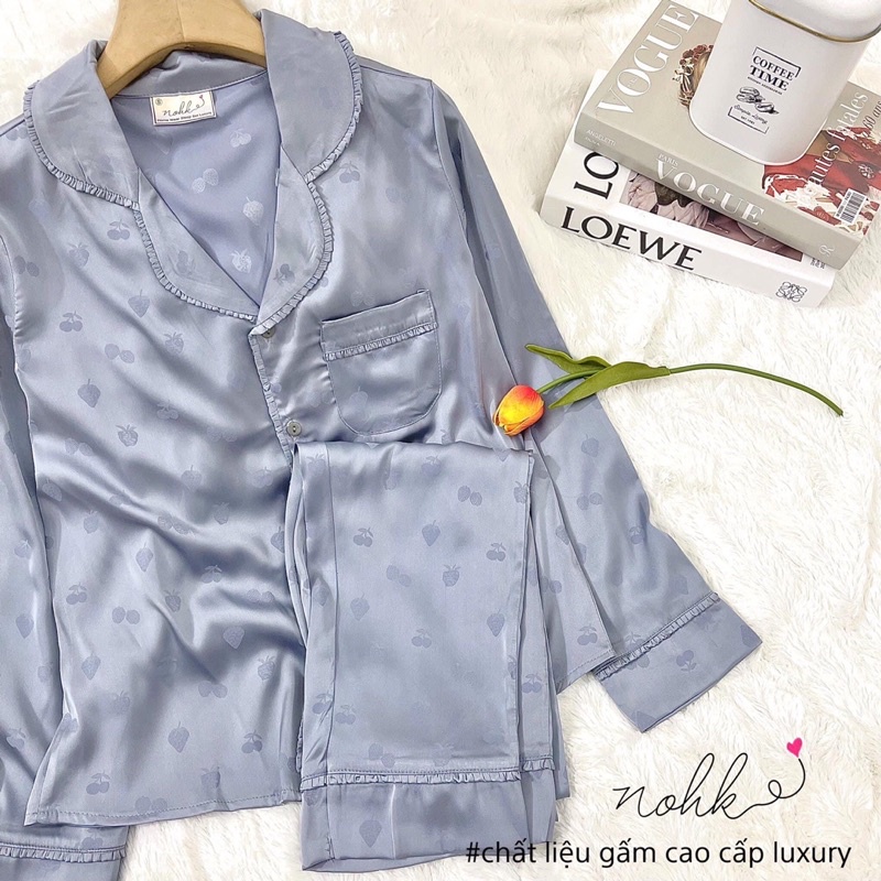 NOHK Bộ ngủ mặc nhà pijama hoạ tiết lá lụa gấm cao cấp nhà Nohk áo dài quần dài | Én store