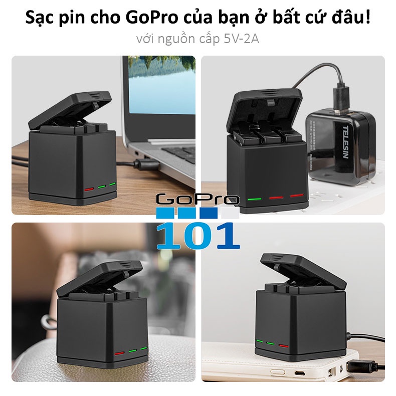 Hộp sạc 3 pin Telesin dành cho GoPro 5/6/7/8 Chính Hãng