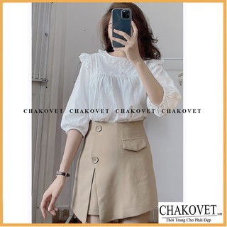 Áo babydoll tay lỡ 2 cúc bọc cka803, kiểu áo sơ mi nữ cao cấp cổ tròn bèo màu trắng phong cách ulzzang đẹp dễ thương