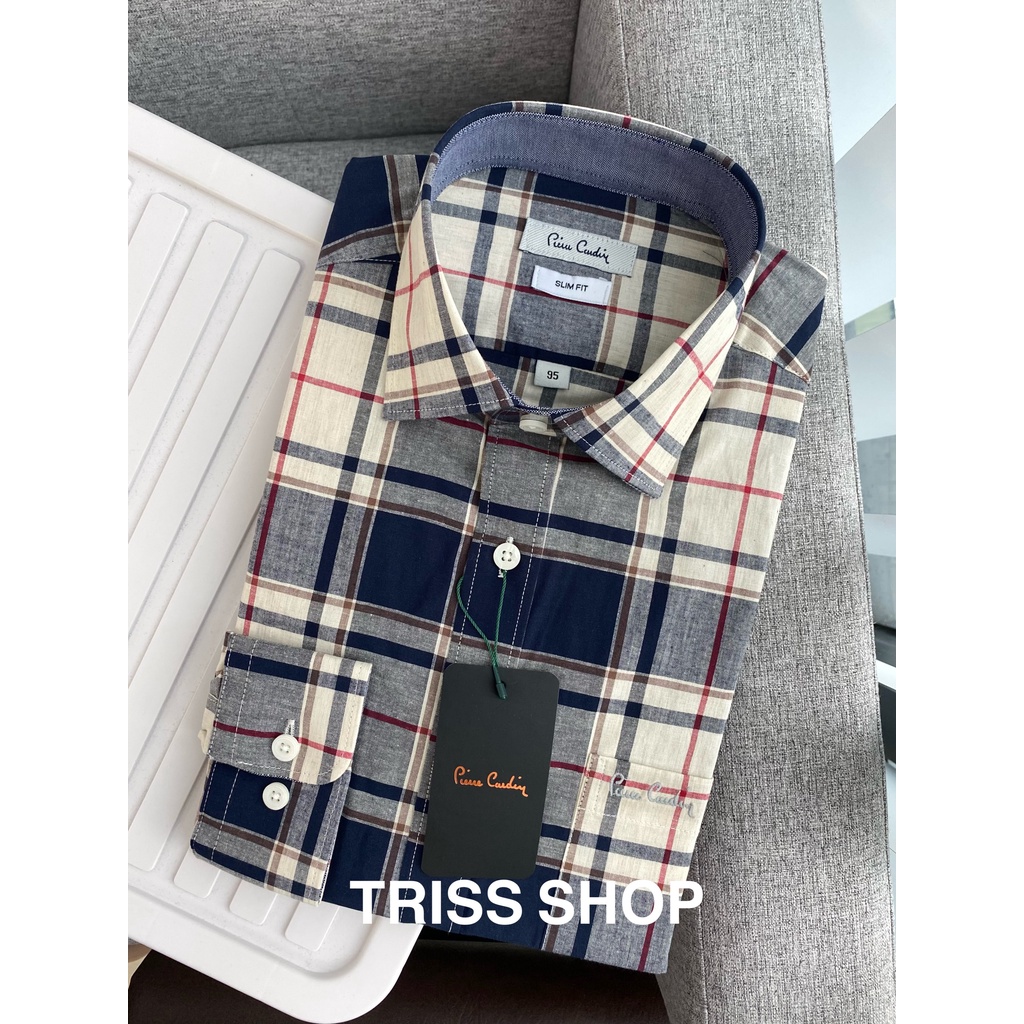 Áo sơ mi nam dài tay Pierre Cardin 11 xuất Hàn họa tiết caro cao cấp chất cotton thấm hút mồ hôi tốt mềm mại form slim