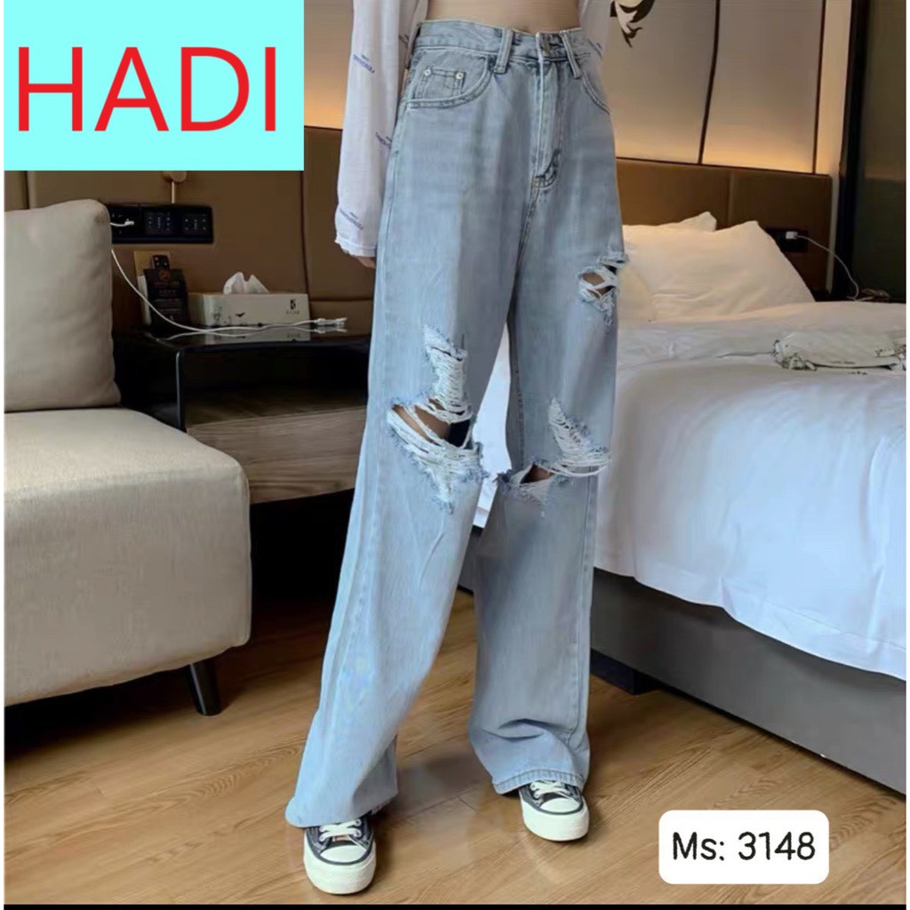 [ DM3148 ] QUẦN JEAN ỐNG RỘNG NỮ LƯNG CAO RÁCH TE TUA GỐI CAO CẤP HADI ĐỦ SIZE S, M, L LAI CUỐN SIÊU MÁT MẺ, MANG ĐẬM