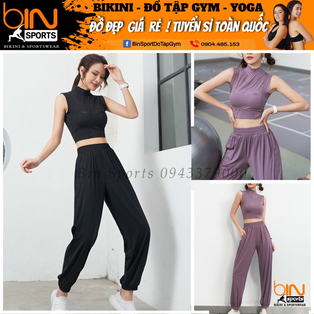 Đồ tập gym yoga nữ bộ quần dài jogger áo crop quảng châu cao cấp Bin Sport BD123