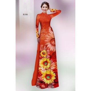 Vải áo dài màu đỏ, hoa hướng dương, in 3D cao cấp