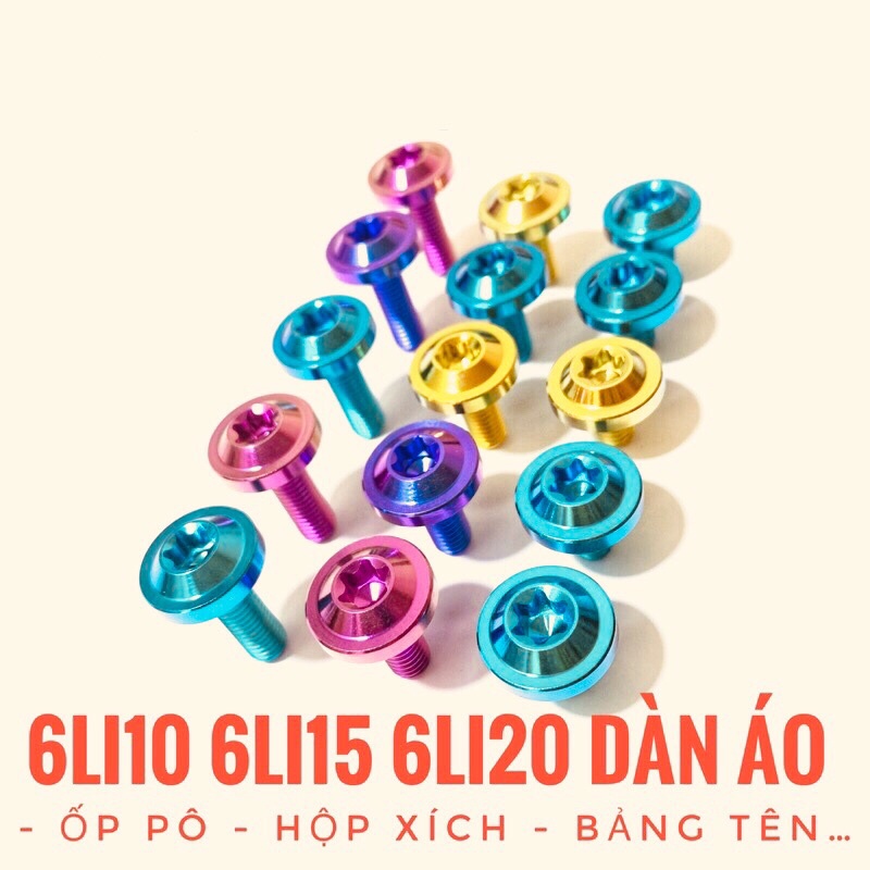 (Chuẩn Gr5) Ốc titan 6li10 6li15 6li20 đầu dù to dày gắn dàn áo ốp pô hộp xích bảng tên