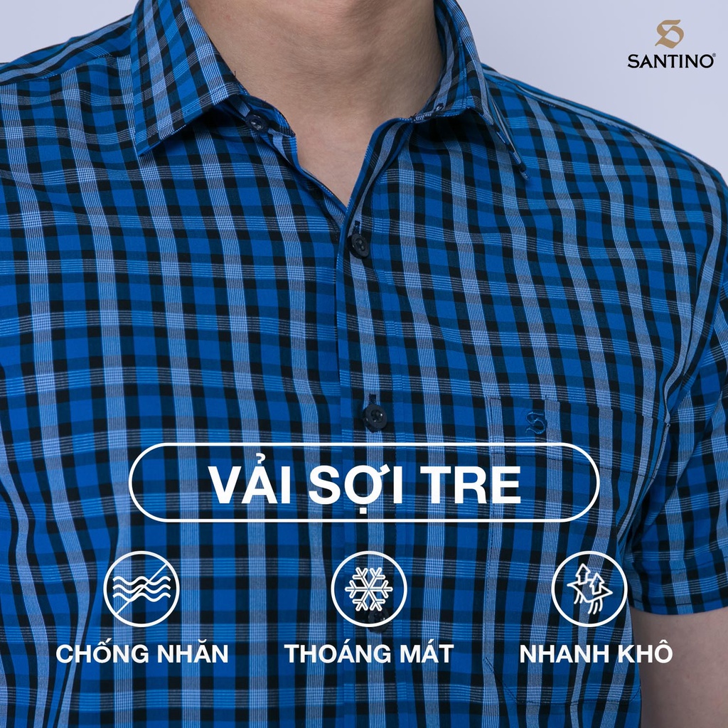 Áo sơ mi nam SỢI TRE ngắn tay Santino, màu xanh đậm hoạ tiết caro, dáng slim trẻ trung 616