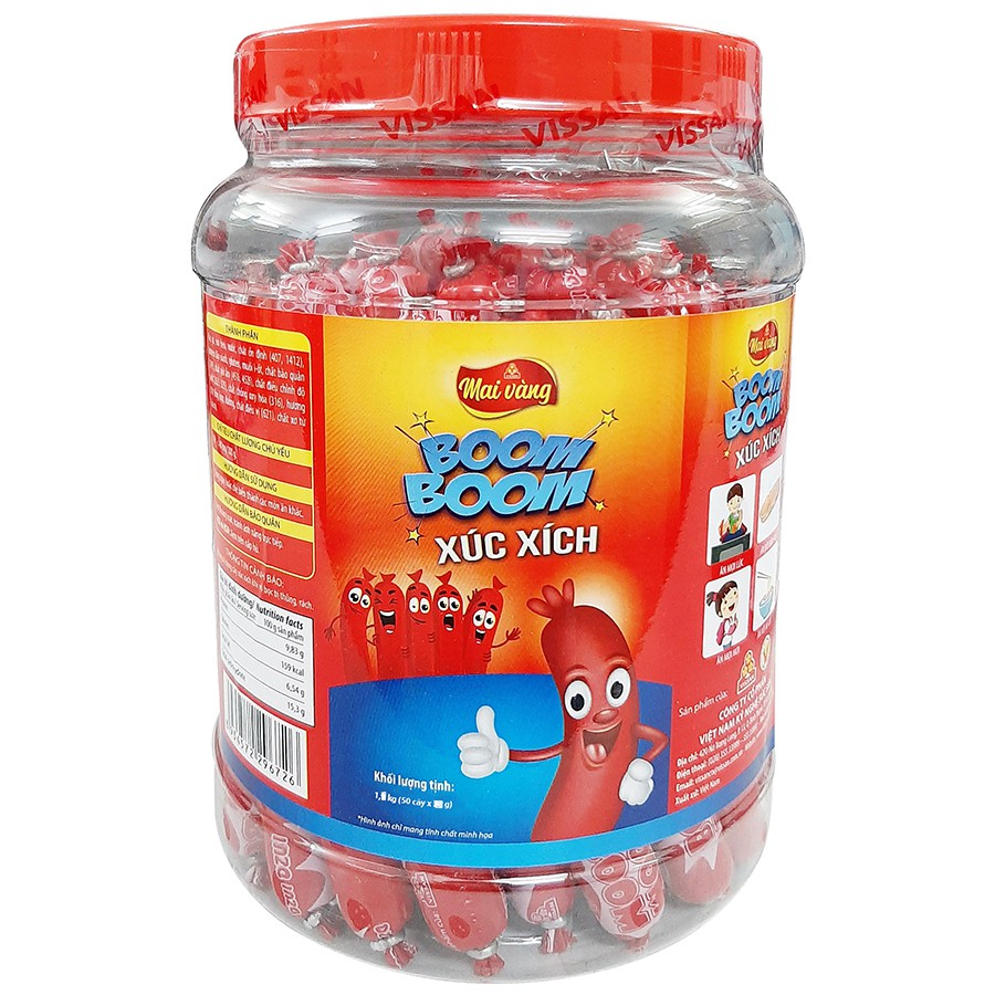 Xúc Xích Vissan Boom Boom Hũ Nhựa (50 Cây x 23g) Khối Lượng 1,15kg Thương Hiệu Mai Vàng | BigBuy360 - bigbuy360.vn