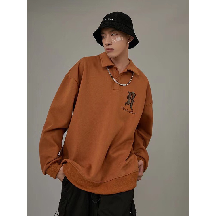 Áo Sweater Nâu Cổ Polo Nỉ Dài Tay Unisex Logo R Họa Tiết Chữ Thêu Hàng Trung Cao Cấp 9T5ASPL1-N