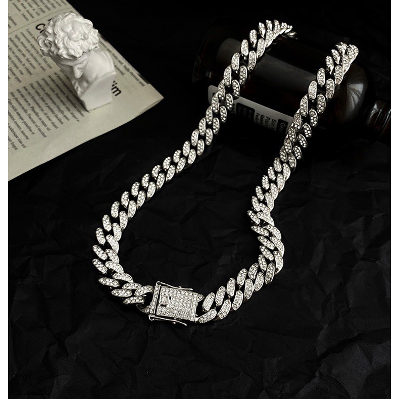 Vòng tay nam nữ thời trang + dây chuyền lắc tay unisex màu bạc Asta Accessories Titan không gỉ - Cuban đá
