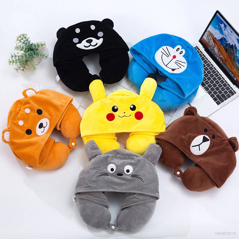 Gối Chữ U Có Mũ Trùm Đầu Hình Doraemon / Pikachu / Kumamon / Gấu Nâu Thêu Logo Hoạt Hình Dành Cho Học Sinh / Văn Phòng