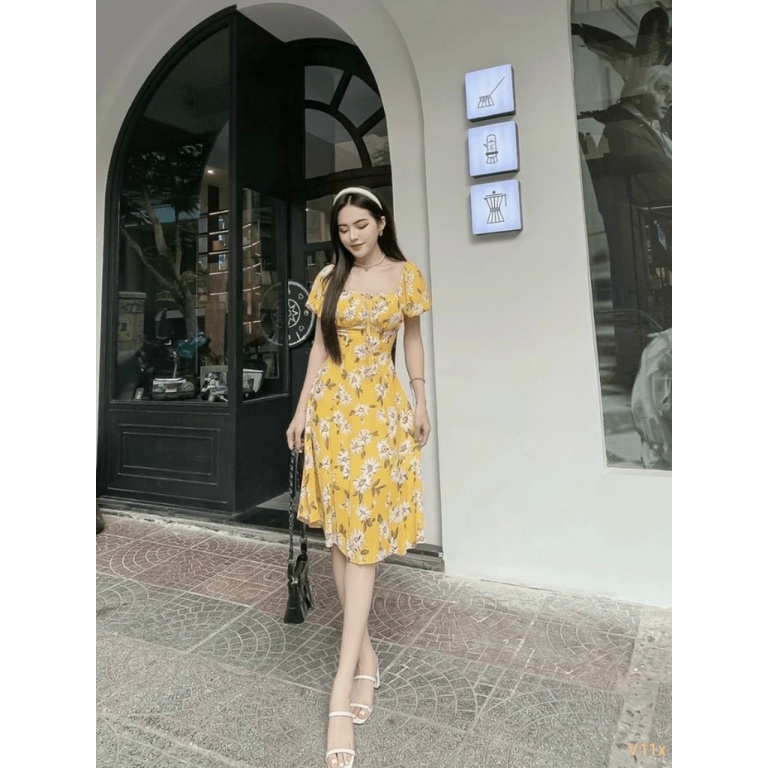 (Free Ship) Đầm Hoa Lụa Ngực Xếp Ly Dự Tiệc Phối HỢp CÔng Sở Sang Chảnh PU