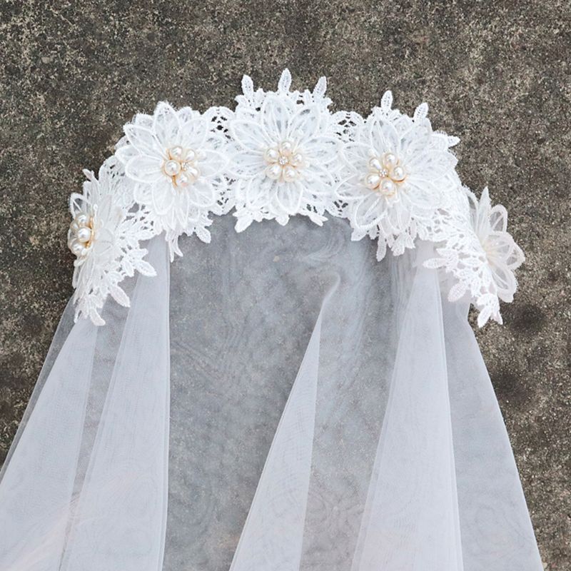 Mạng Che Mặt 2 Tầng Vải Ren Hoa Đính Ngọc Trai Giả Kiểu Vintage Cho Cô Dâu