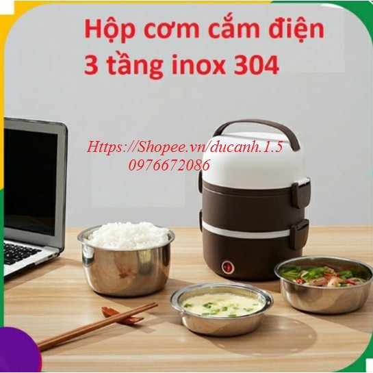 Hộp Cơm Cắm Điện Giữ Nhiệt 3 Tầng Inox, chức năng nấu chín, ủ nóng cơm, thức ăn (Hàng loại 1) tặng kèm móc khóa Shopping