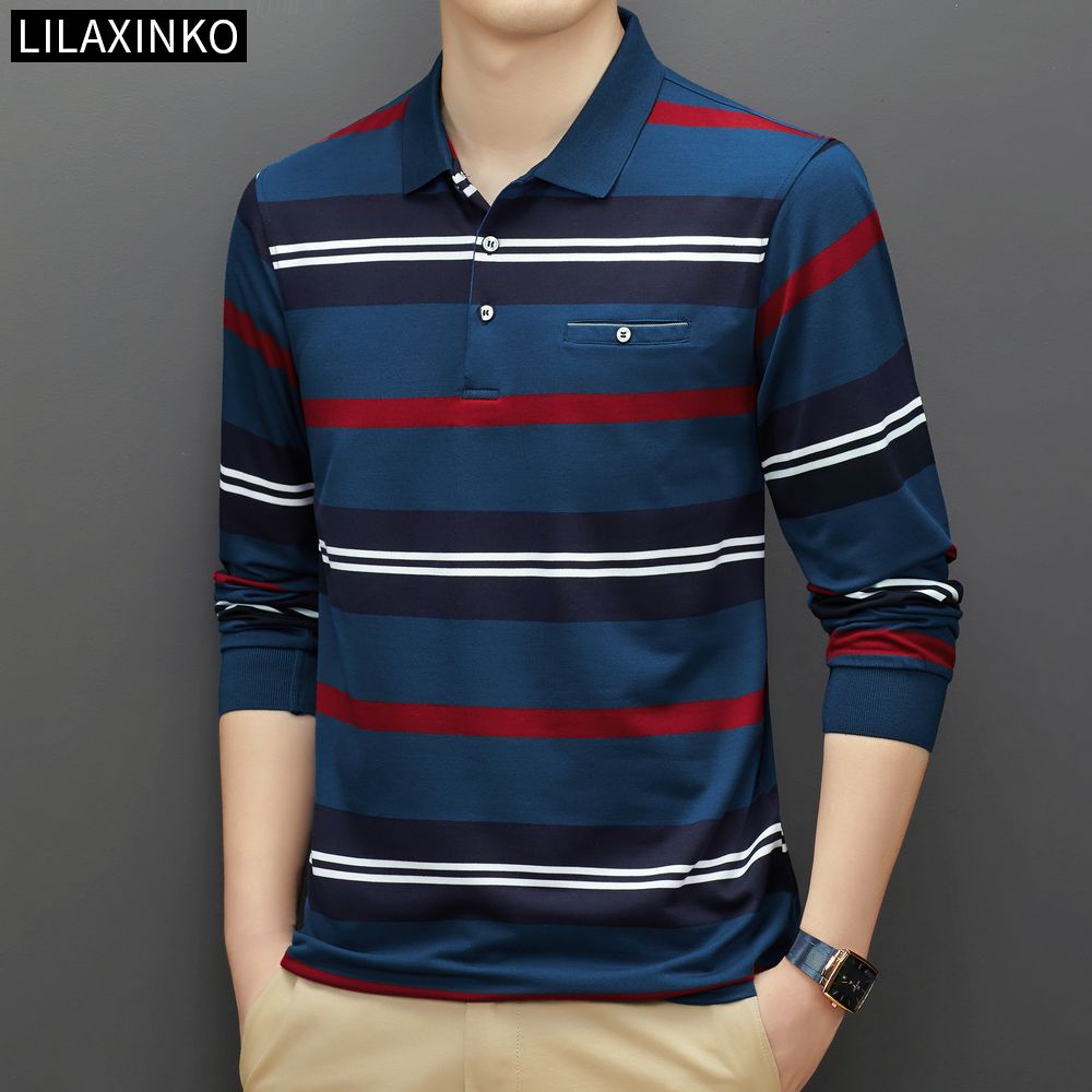 Áo Thun Polo Tay Dài Kẻ Sọc 2 Màu Thời Trang Thu Đông Cho Nam