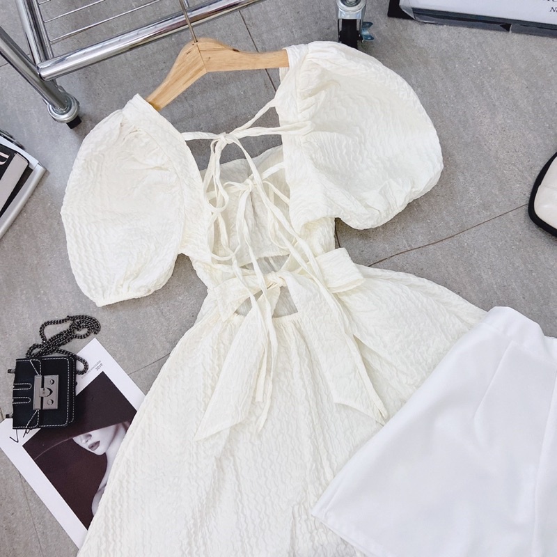 SET BBD XỐP KEM NƠ LƯNG SHORT TRẮNG