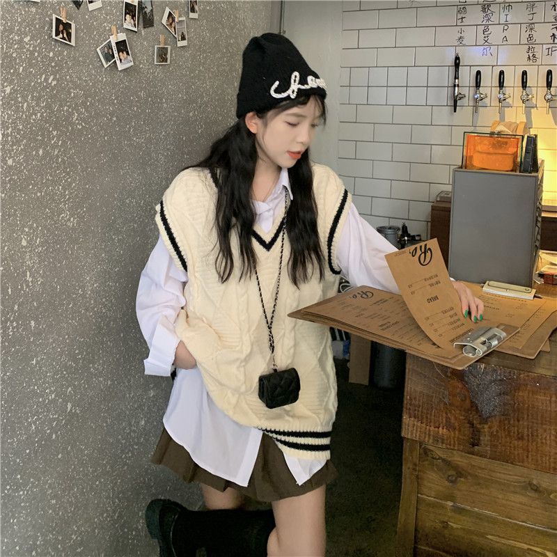 Set áo sơ mi tay dài cổ chữ V + áo khoác len không tay màu sắc tương phản phong cách Hàn Quốc 77