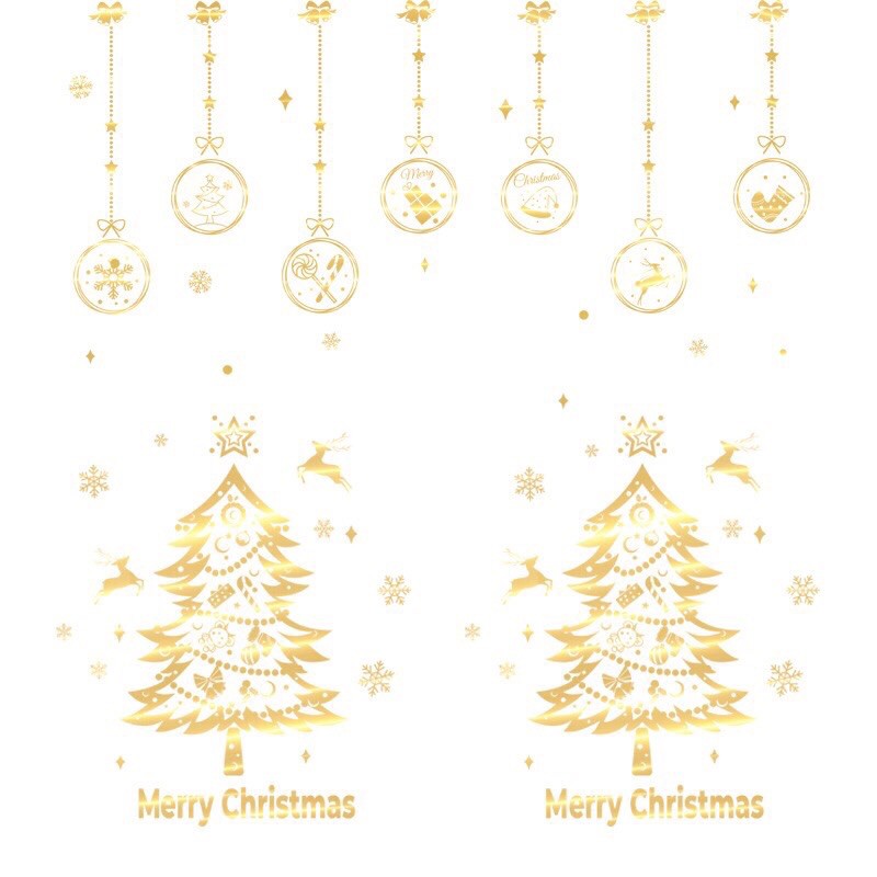COMBO DECAL NOEL - Cặp Thông phối Rèm dây treo phụ kiện ánh vàng ( 3 tấm )