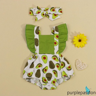 Bộ 2 món áo liền quần cổ vuông tay cánh tiên in hình quả bơ/ dâu/ bắp + băng đô nơ thời trang mùa hè cho bé gái sơ sinh