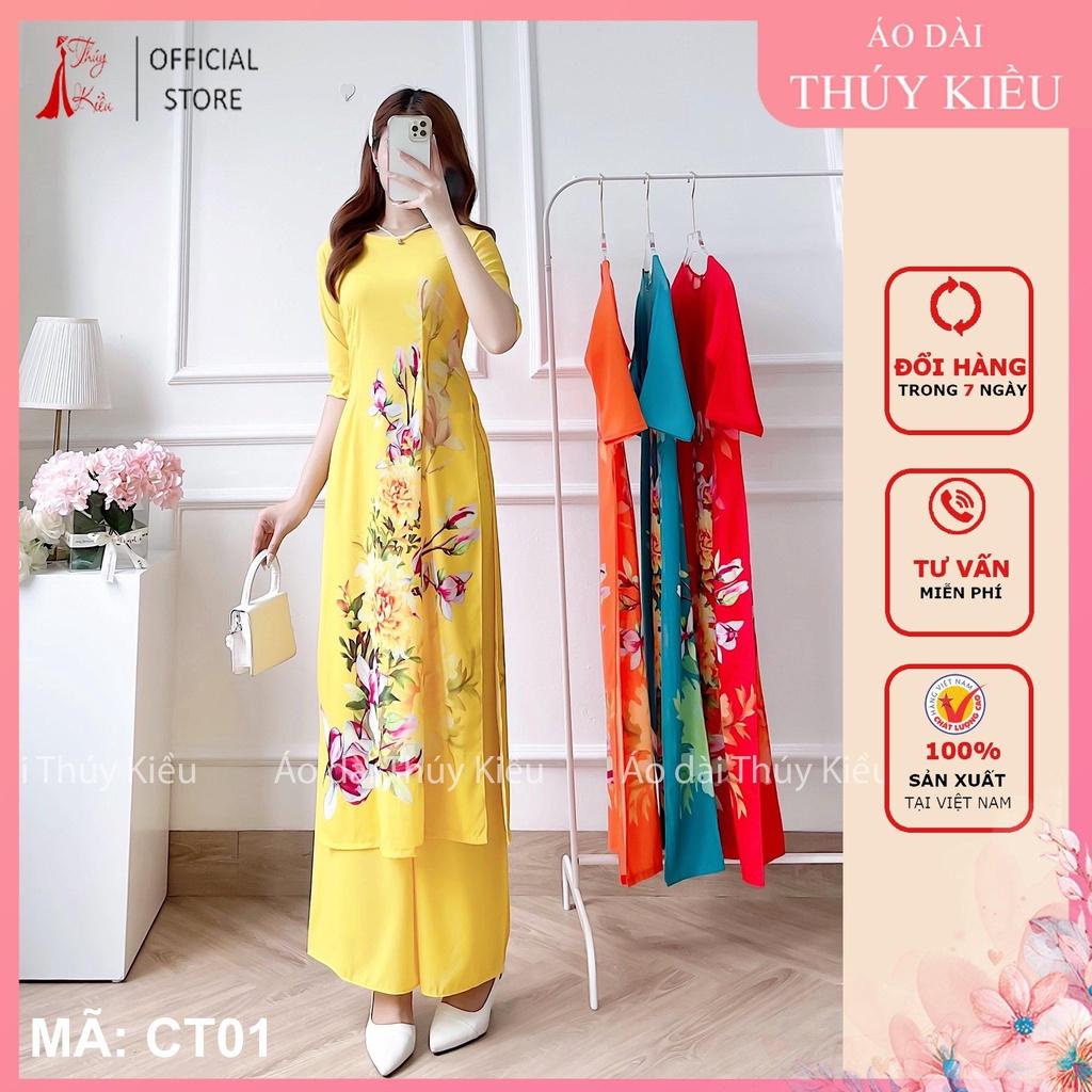 Bộ áo dài cách tân nữ thiết kế lụa Nhật CT01-VANG nền vàng hoa mộc lan dự tiệc lễ tết đẹp