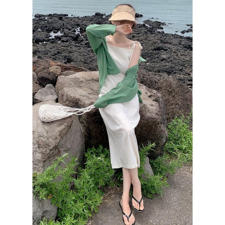 Trang phục peppermint 44982 áo sơ mi tay dài dáng rộng màu xanh lá cột dây/ đầm dài phong cách mới