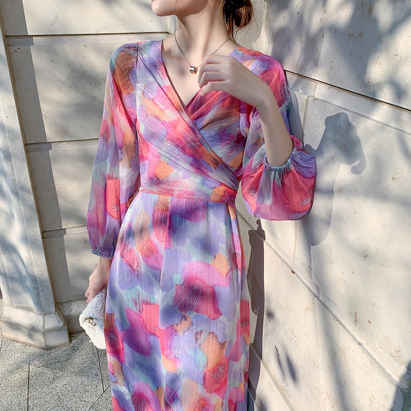 IELGYĐầm Voan Chữ A Tay Dài Nhấn Eo Cổ Chữ V In Họa Tiết Thời Trang Kiểu Pháp Cho Nữ