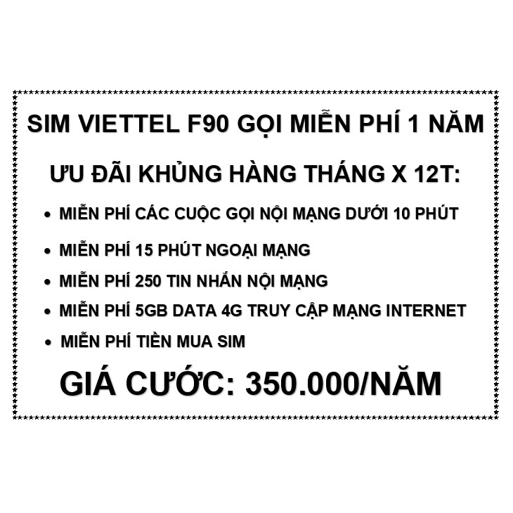 SIM 4G VIETTEL F90 -MIỄN PHÍ GỌI VÀ VÀO MẠNG 12 THÁNG(MỖI THÁNG CÓ 5GB TỐC ĐỘ CAO)