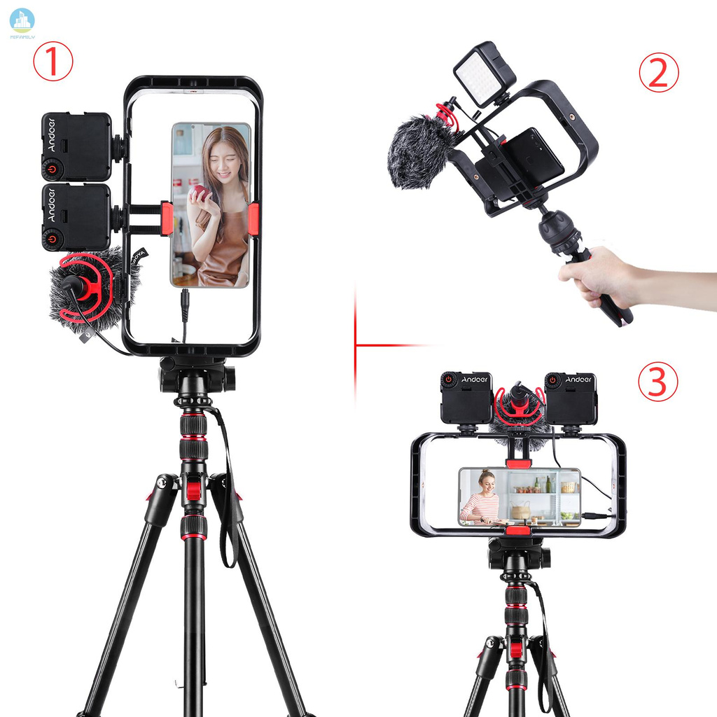 MI   Andoer Smartphone Video Rig Kit Including Smartphone Cage with 3 Cold Shoe Mounts + 2pcs Mini LED Video Lights + Microphone with Shock Mount Wind Screen for Vlog Video Recording Live Streaming