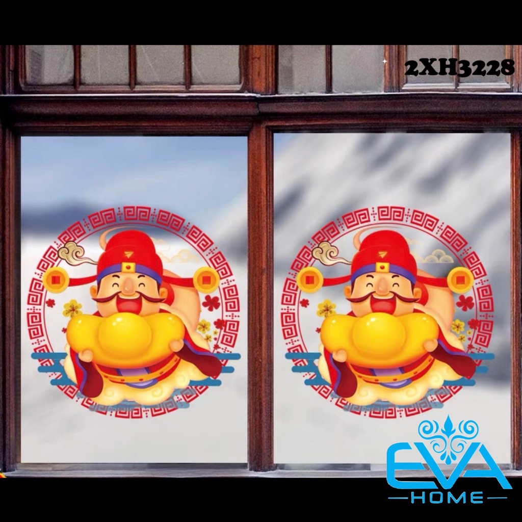 Decal Dán Tường Dán Kính Trang Trí Tết Họa Tiết Thần Tài Ôm Thổi Vàng Đón Xuân XH3228 M3595