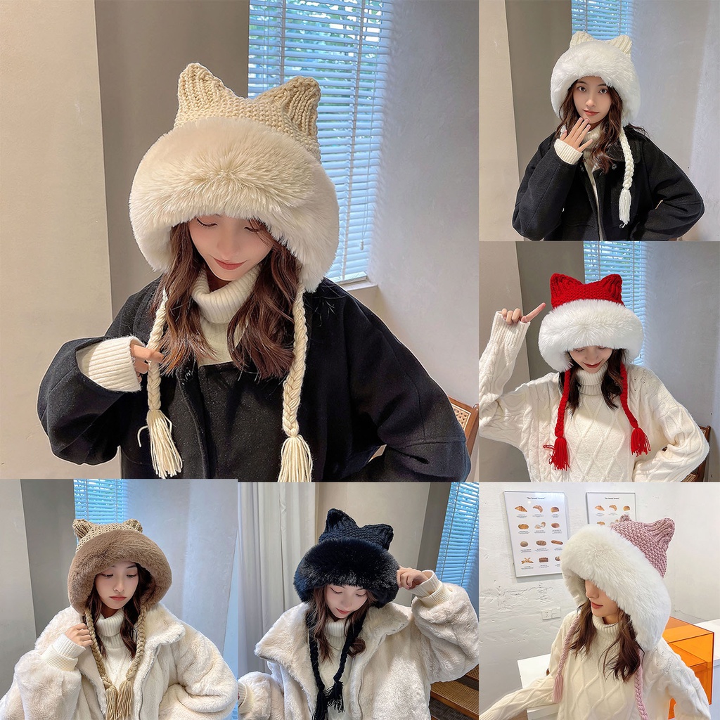 Mũ beanie dệt kim màu trắng viền lông thời trang thu đông cổ điển dành cho nữ