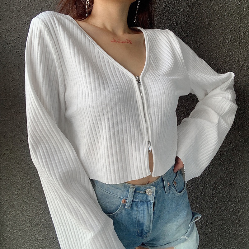 Áo Lửng Tay Dài Cổ Chữ V Thắt Nút Thời Trang Quyến Rũ Cho Nữ