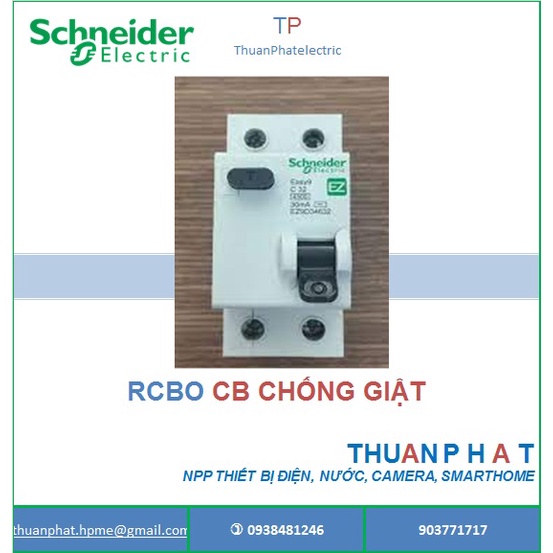 APTOMAT CHỐNG GIẬT, CẦU DAO CHỐNG RÒ, CB CHỐNG GIẤT SCHNEIDER RCBO  EZ9D 2P 30mA 4.5kA - THUẬN PHÁT ELECTRIC