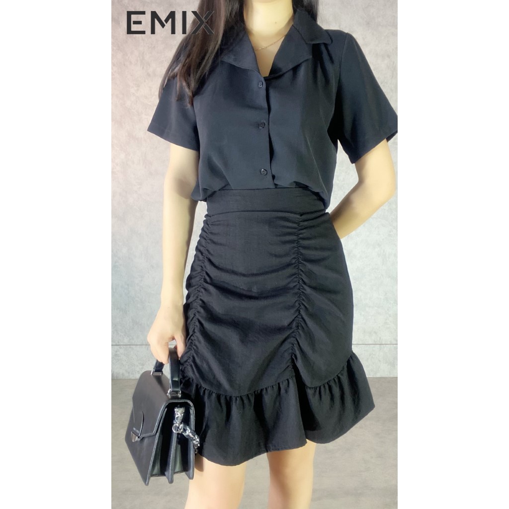 Áo sơ mi nữ cổ vest EMIX (5 màu), dáng dài, cộc tay, form rộng, vải lụa voan, mềm mịn, không nhăn