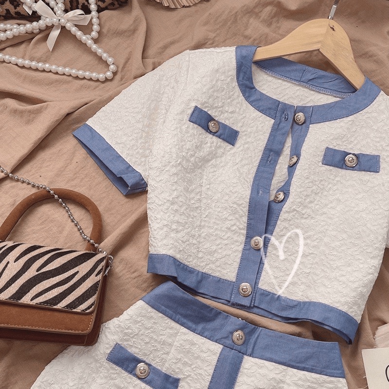 SET XỐP VIỀN XANH NÚT ÁO CROPTOP + CHÂN VÁY CÓ LÓT Thời Trang HHP Fashion