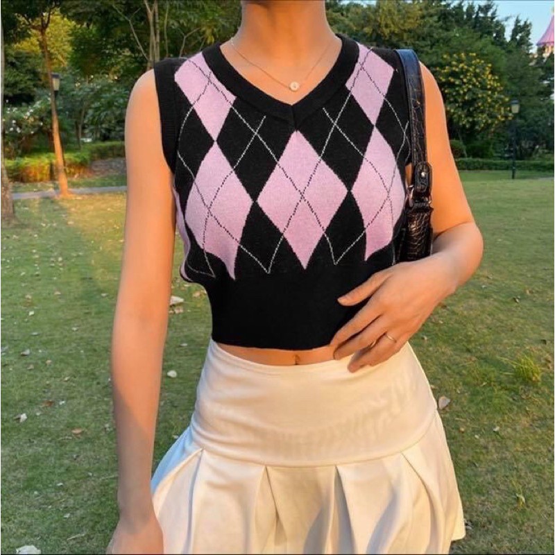 Áo len nữ gile sọc vuông ba lỗ croptop - Order taobao quảng châu